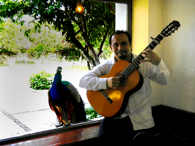 Felipe García en la Hacienda Teya con un pavorreal.